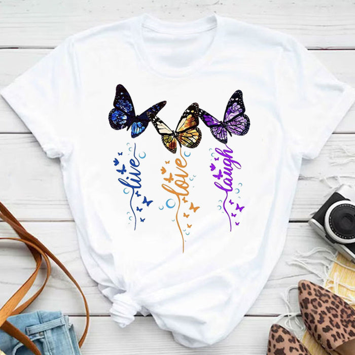 Neue Mode Frauen T-Shirt bunte Schmetterling Blütenblatt Druck Kurzarm und Rundhals ausschnitt niedlichen Grafik T-Shirts weibliche Tops Kleidung