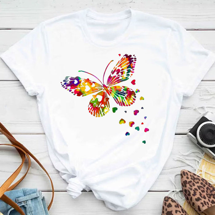 Neue Mode Frauen T-Shirt bunte Schmetterling Blütenblatt Druck Kurzarm und Rundhals ausschnitt niedlichen Grafik T-Shirts weibliche Tops Kleidung