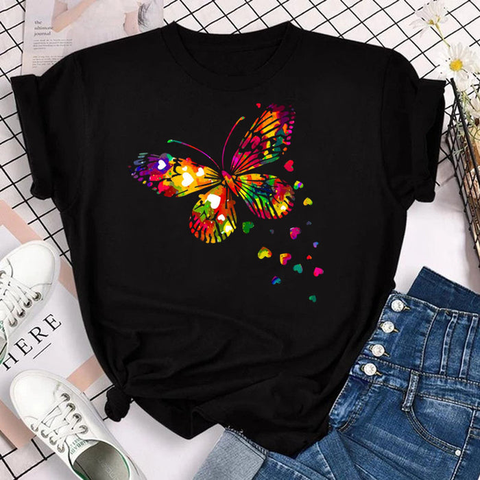 Neue Mode Frauen T-Shirt bunte Schmetterling Blütenblatt Druck Kurzarm und Rundhals ausschnitt niedlichen Grafik T-Shirts weibliche Tops Kleidung